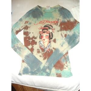RARE VINTAGE Y2K ED HARDY TIE DYE ASIAN MOTIF LONG SLEEVED LIGHTWEIGHT TEE S